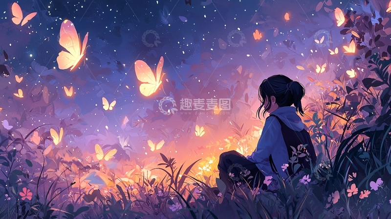高清大图下载【趣麦麦图】女孩在星空下看蝴蝶