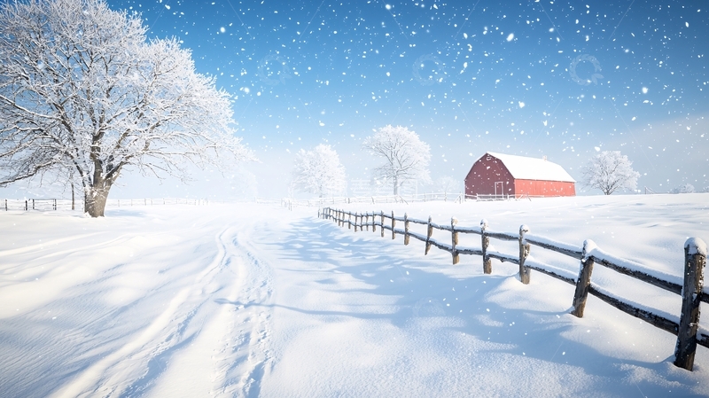 高清大图下载【趣麦麦图】冬日雪景下的红色谷仓