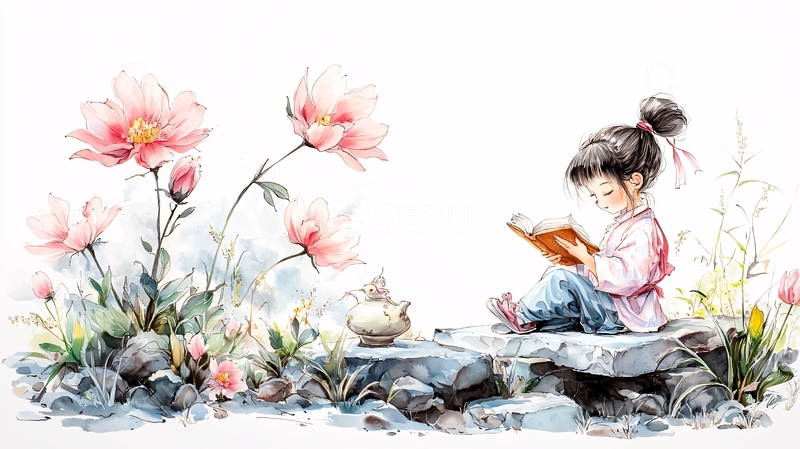 高清大图下载【趣麦麦图】阅读女孩与粉色花朵