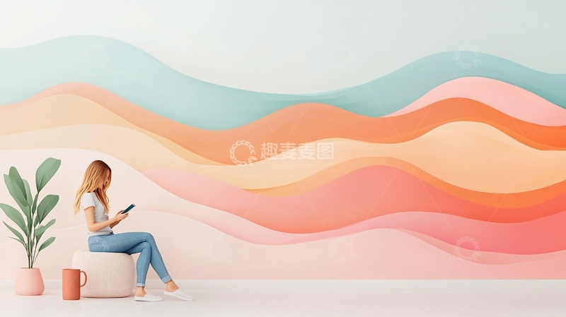 高清大图下载【趣麦麦图】女子使用手机波浪背景