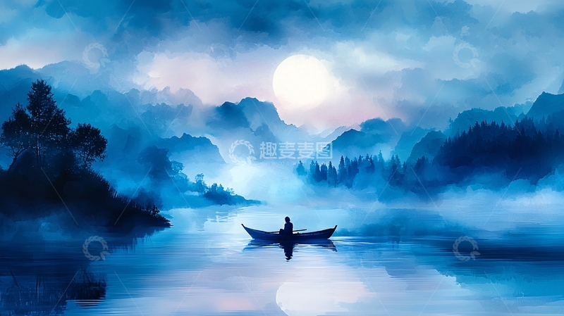 高清大图下载【趣麦麦图】月夜扁舟江上行