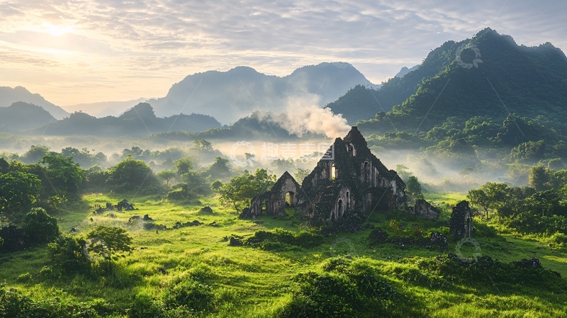 高清大图下载【趣麦麦图】晨雾中的废墟与青山