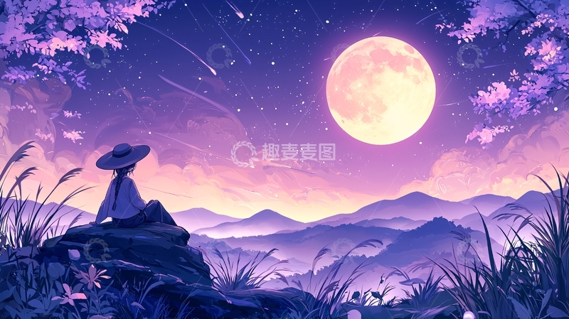 高清大图下载【趣麦麦图】紫色星空下的少女