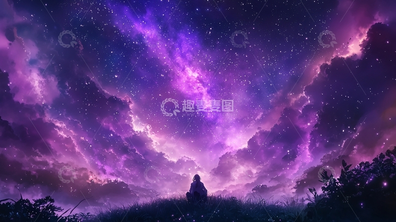 高清大图下载【趣麦麦图】紫色星空下的孤独身影