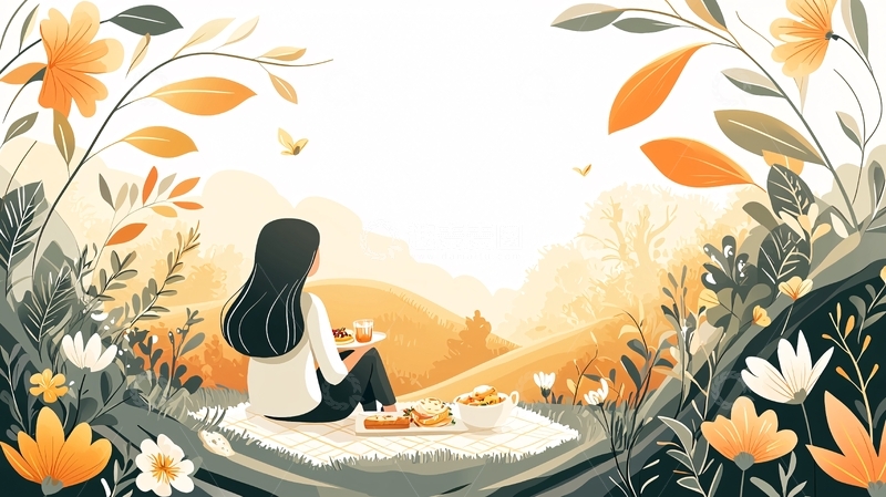 高清大图下载【趣麦麦图】女孩在花丛中野餐的背影