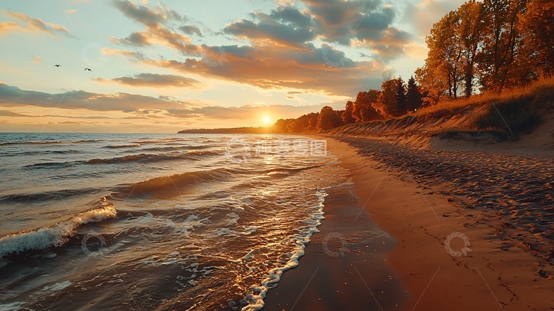 高清大图下载【趣麦麦图】夕阳下的海滩风景