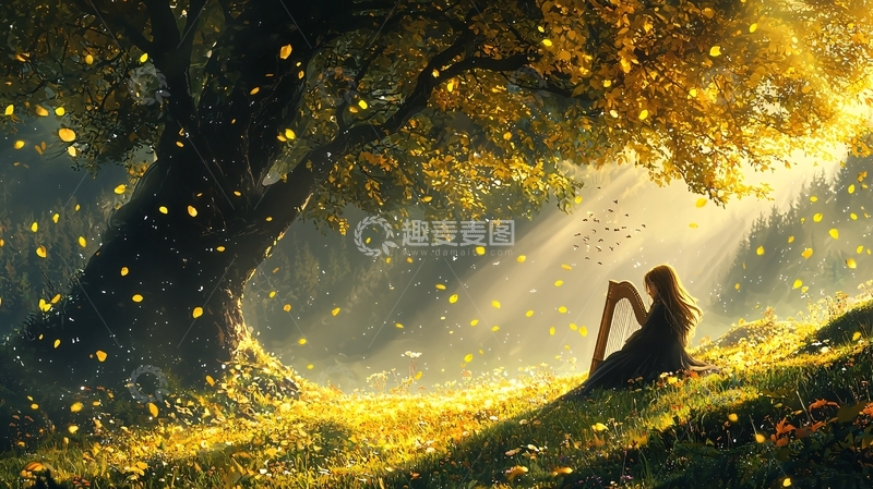 高清大图下载【趣麦麦图】梦幻森林里的竖琴少女