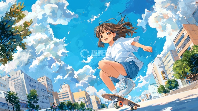 高清大图下载【趣麦麦图】阳光下少女玩滑板