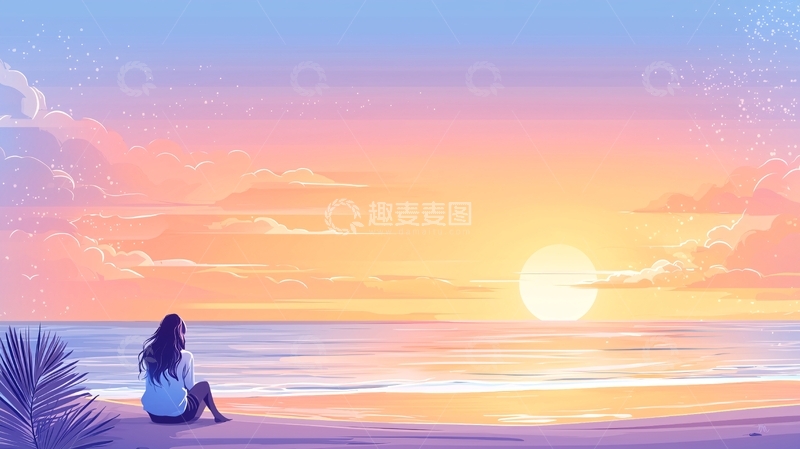 高清大图下载【趣麦麦图】海边背影看日落
