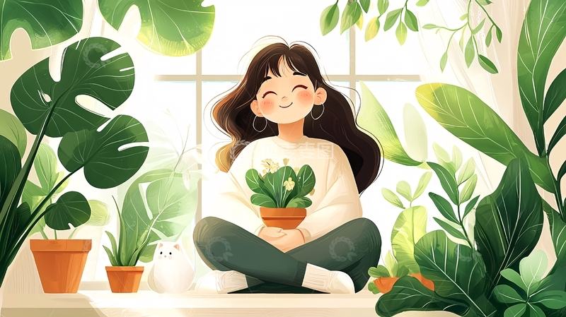 高清大图下载【趣麦麦图】微笑女孩与绿色植物环绕