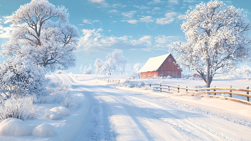 高清大图下载【趣麦麦图】冬日雪景下的红木屋