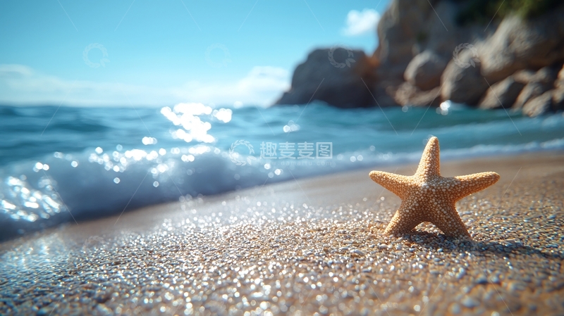 高清大图下载【趣麦麦图】海滩上的海星与波浪