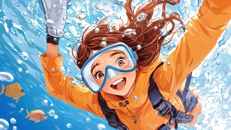 高清大图下载【趣麦麦图】水中微笑的卡通女孩