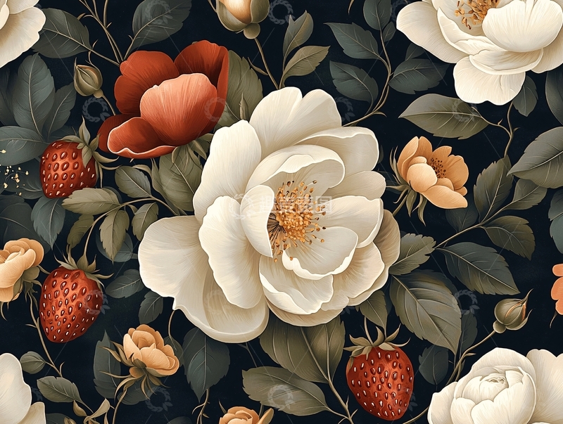 高清大图下载【趣麦麦图】复古花卉与草莓图案背景