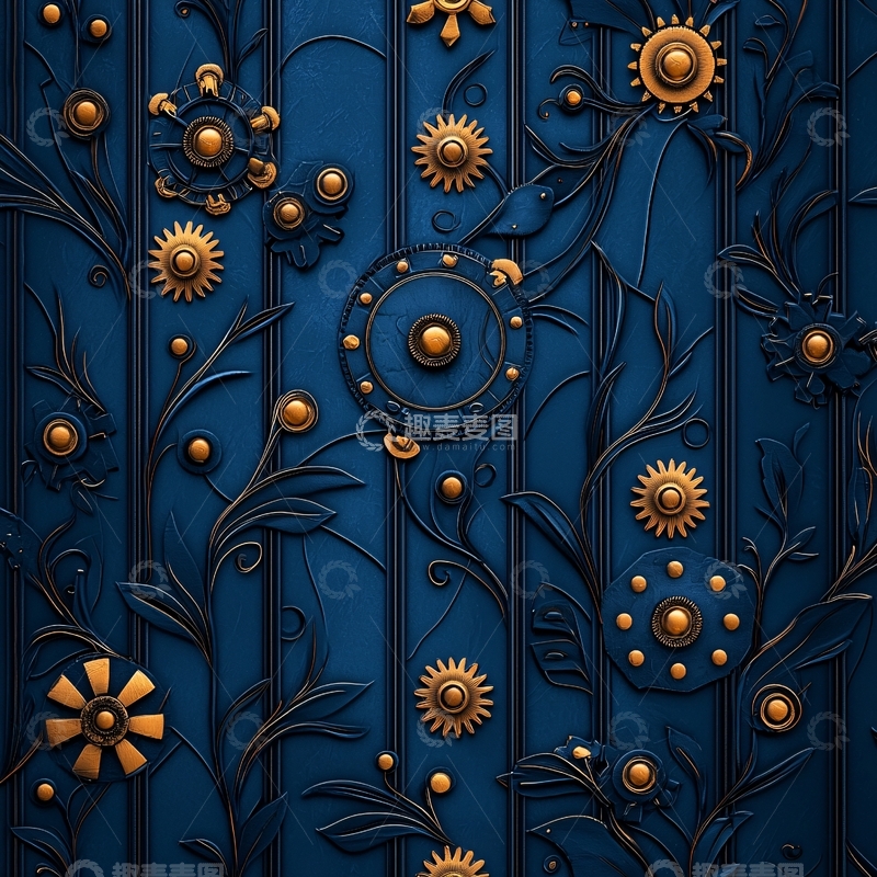 高清大图下载【趣麦麦图】蓝色金属花卉装饰图案