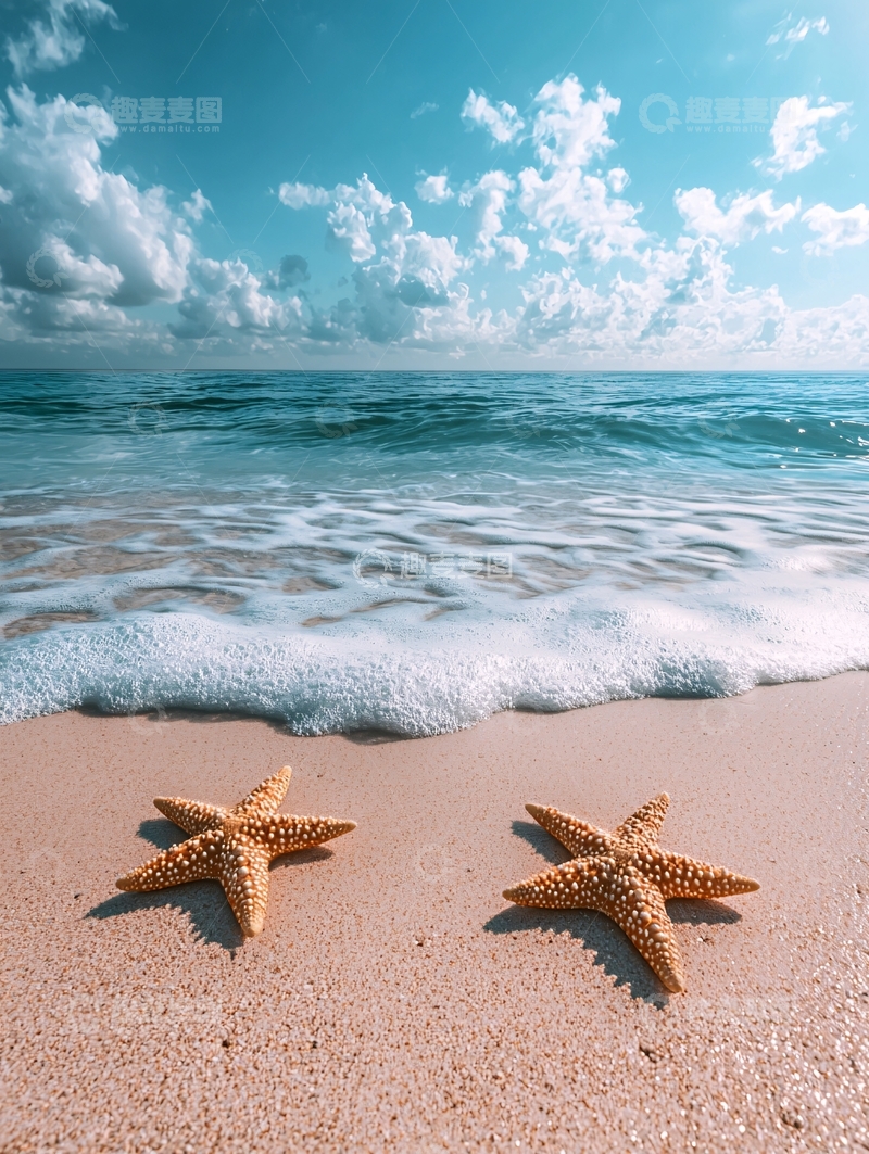 高清大图下载【趣麦麦图】海滩上的海星与海浪