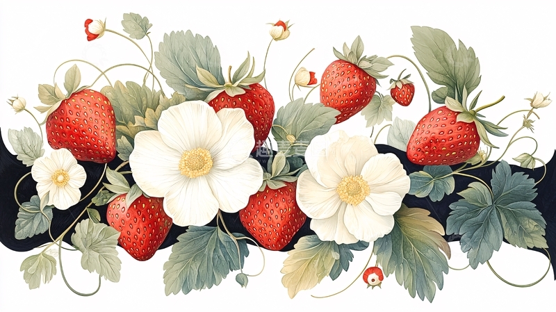 高清大图下载【趣麦麦图】草莓与白色花朵的艺术插画