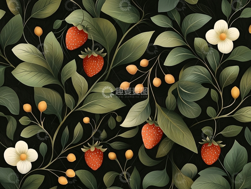 高清大图下载【趣麦麦图】草莓与花朵的暗色调插画背景