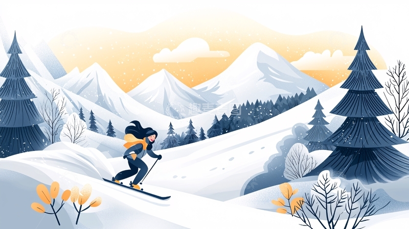 高清大图下载【趣麦麦图】滑雪女子在雪山中前行