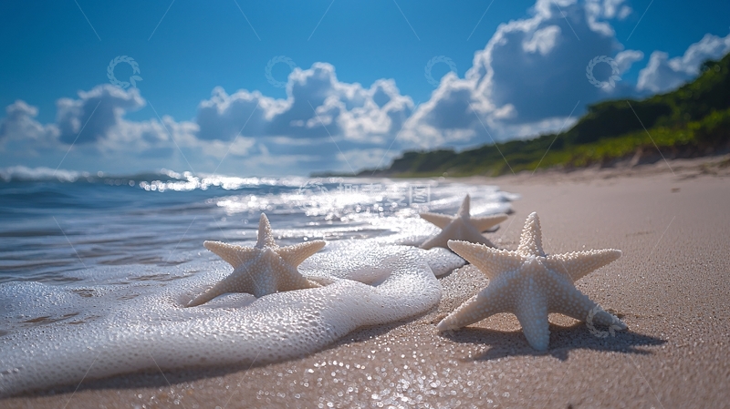 高清大图下载【趣麦麦图】海滩上的海星与海浪