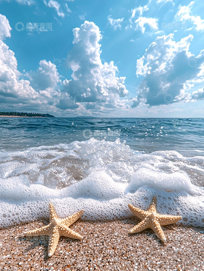 高清大图下载【趣麦麦图】海滩上的海星与泡沫