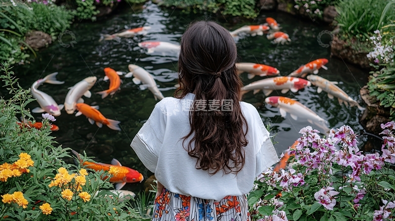 高清大图下载【趣麦麦图】女子背影观赏锦鲤池