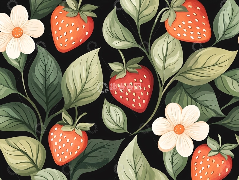 高清大图下载【趣麦麦图】草莓与花朵的自然图案背景