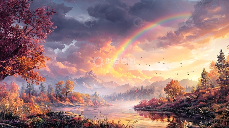 高清大图下载【趣麦麦图】秋日彩虹湖光山色如画