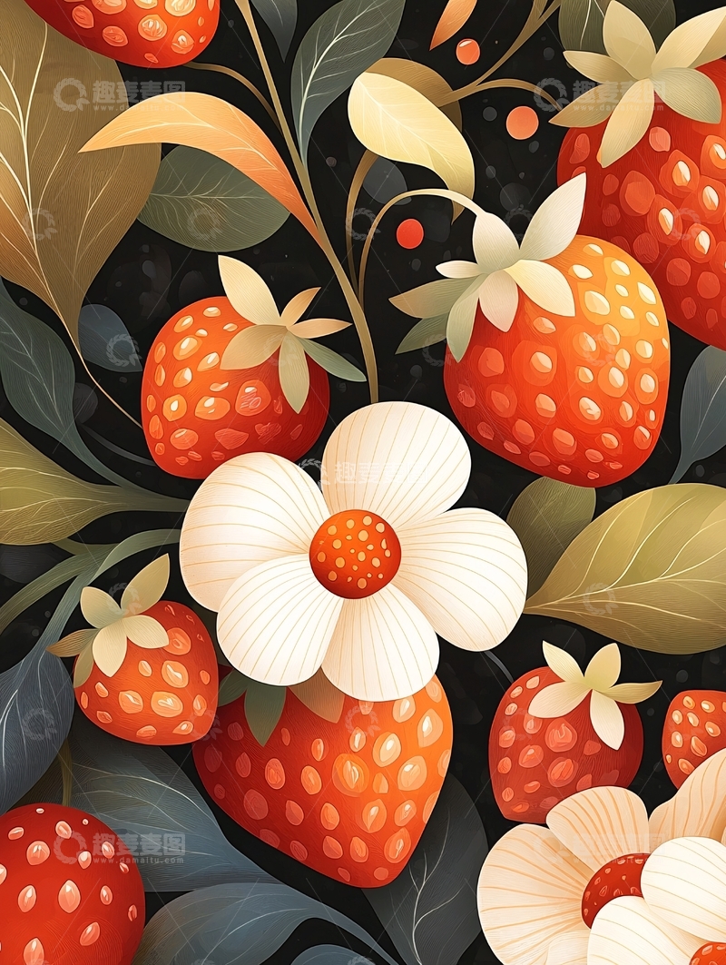 高清大图下载【趣麦麦图】草莓与花朵的艺术插画