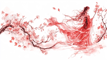 红衣女子与盛开的樱花