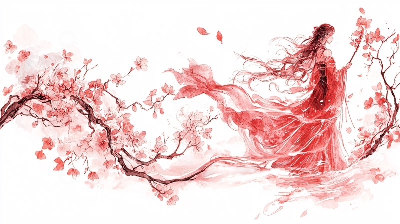高清大图下载【趣麦麦图】红衣女子与盛开的樱花