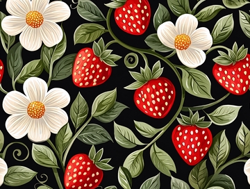草莓与花朵的无缝图案背景