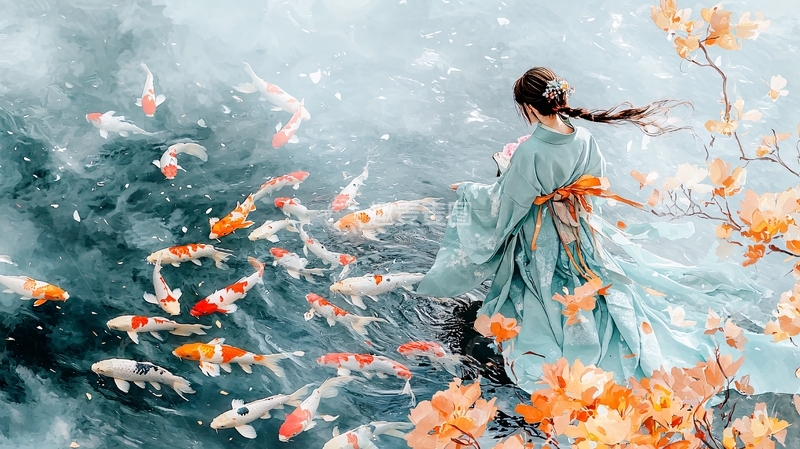 高清大图下载【趣麦麦图】女子背影锦鲤环绕
