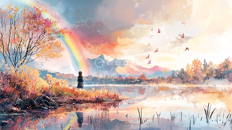 高清大图下载【趣麦麦图】孤独的湖边彩虹风景