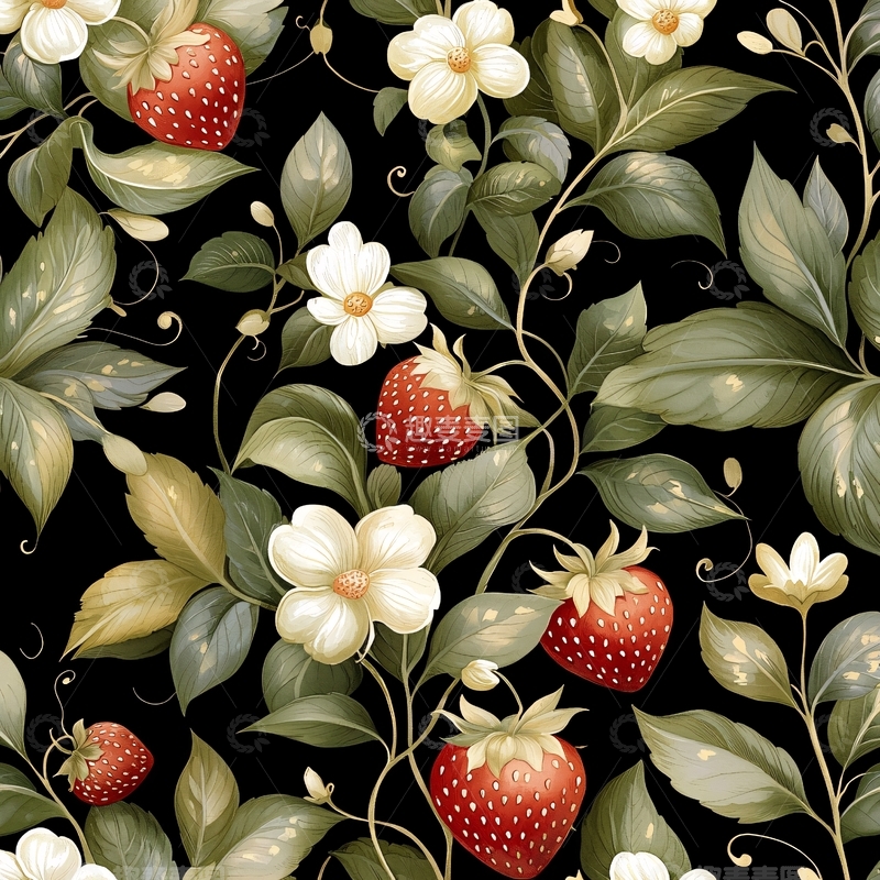 高清大图下载【趣麦麦图】草莓与花卉装饰图案背景