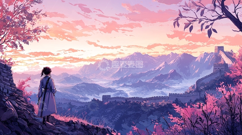 高清大图下载【趣麦麦图】少女眺望粉色山景