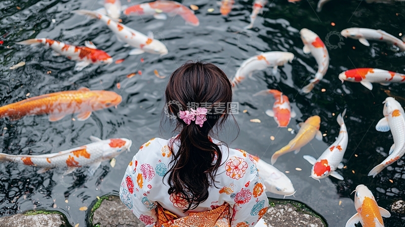 高清大图下载【趣麦麦图】少女背影与锦鲤池塘