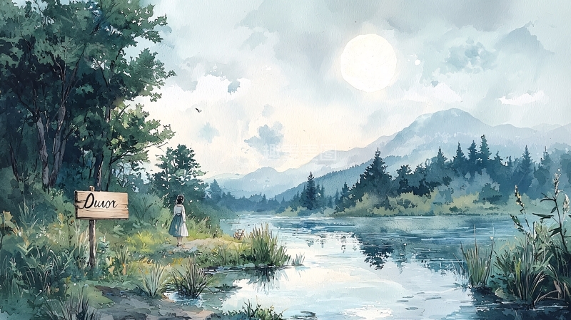 高清大图下载【趣麦麦图】湖边森林的宁静风景画