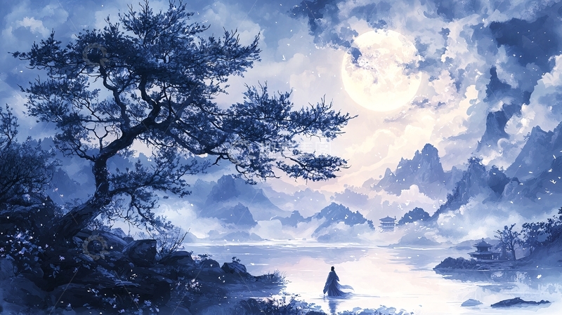 高清大图下载【趣麦麦图】月夜湖边水墨山水画