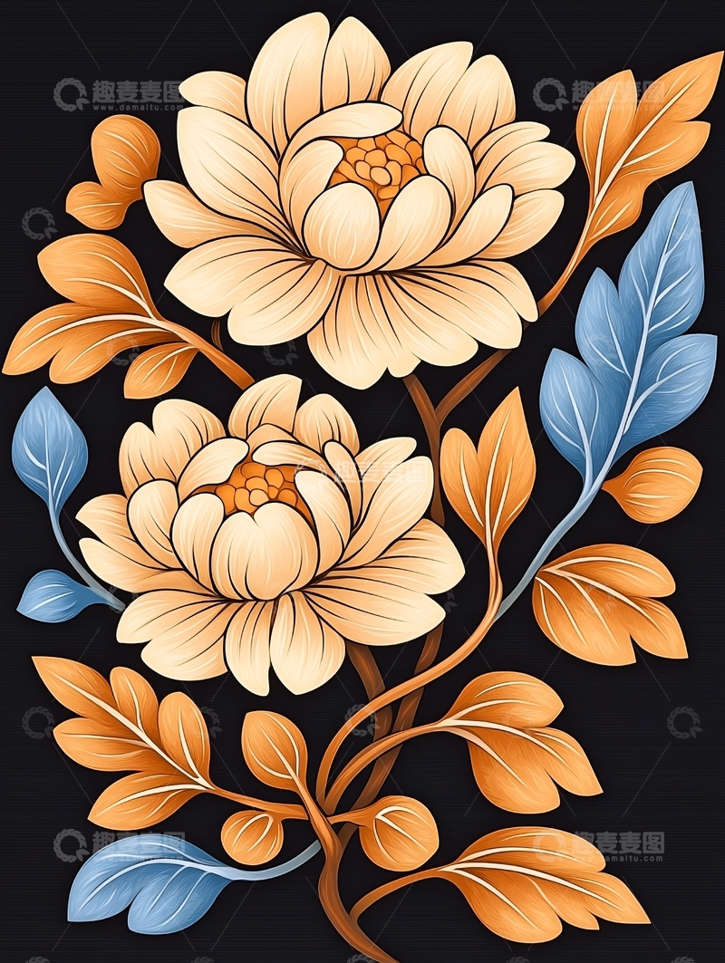 高清大图下载【趣麦麦图】橙色花卉与蓝色叶子装饰图案