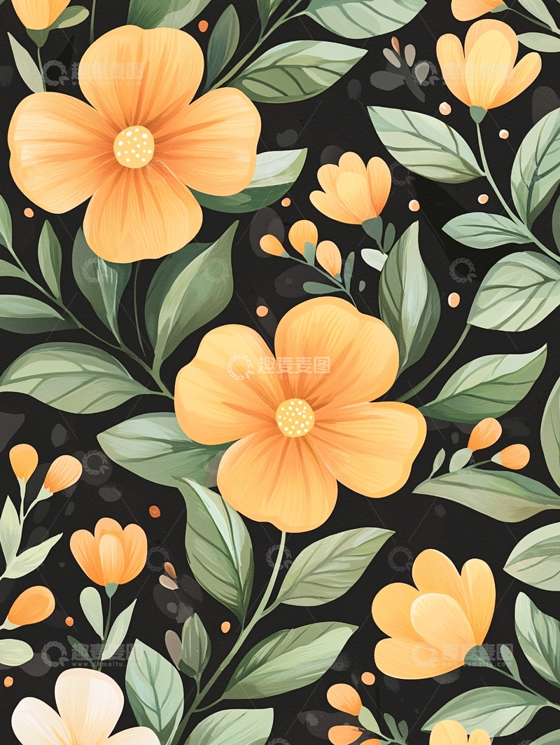 高清大图下载【趣麦麦图】橙色花朵与绿叶背景图案