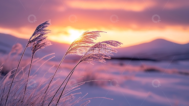高清大图下载【趣麦麦图】冬日夕阳下的雪地植物