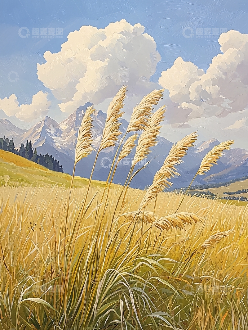 高清大图下载【趣麦麦图】金色麦田与雪山的风景画