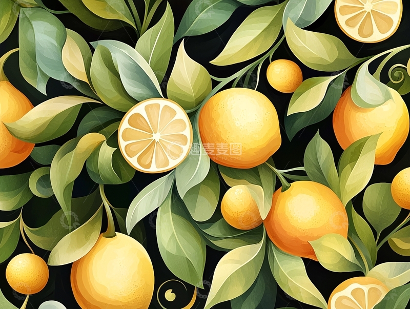 高清大图下载【趣麦麦图】橙子与绿叶的图案背景