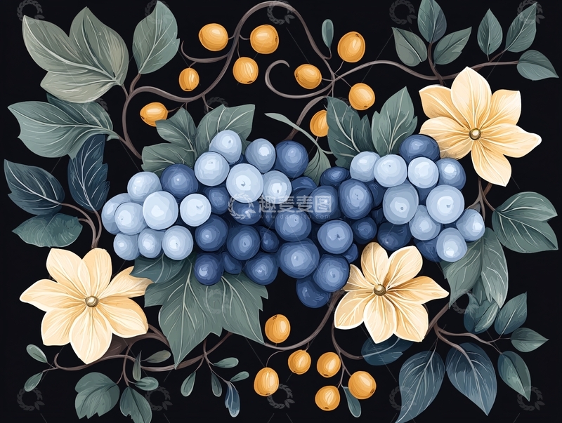 高清大图下载【趣麦麦图】葡萄与花朵的艺术插画