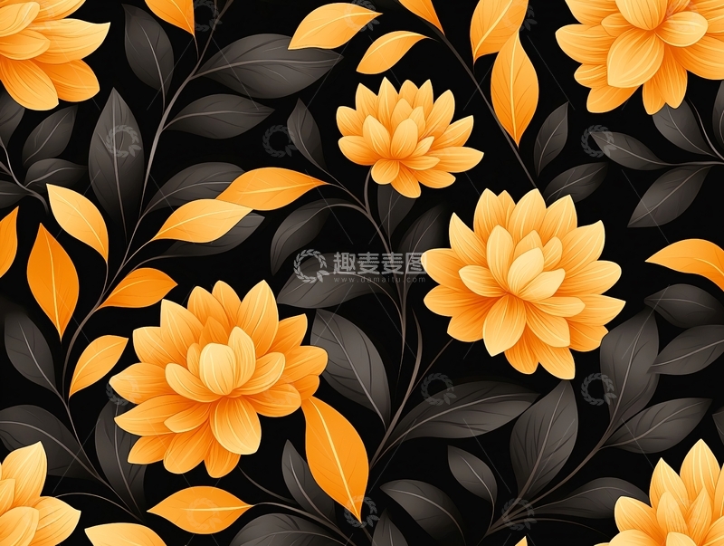高清大图下载【趣麦麦图】橙色花朵与黑色背景图案