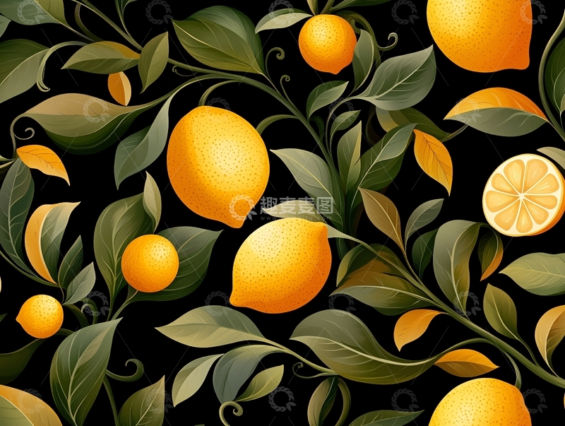 高清大图下载【趣麦麦图】柠檬与叶子的图案背景