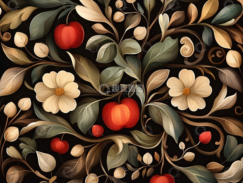 高清大图下载【趣麦麦图】秋日果实与花卉装饰图案