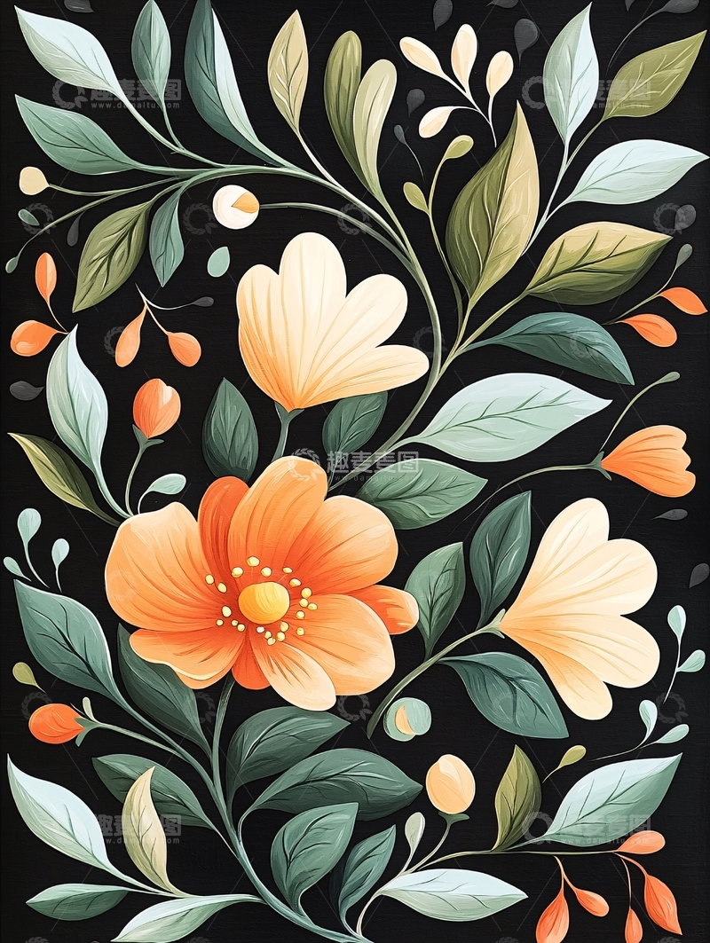 高清大图下载【趣麦麦图】橙色花卉与绿叶装饰图案