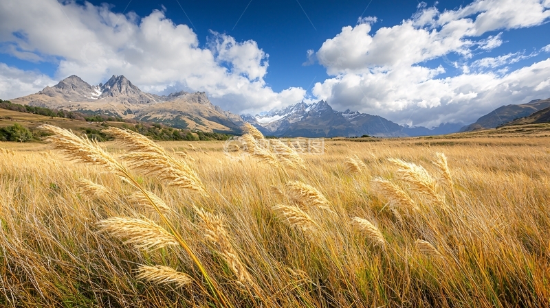高清大图下载【趣麦麦图】金色草原与雪山美景
